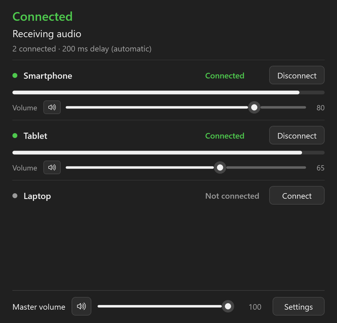 Main window in dark mode, receiving audio from a smartphone and a tablet