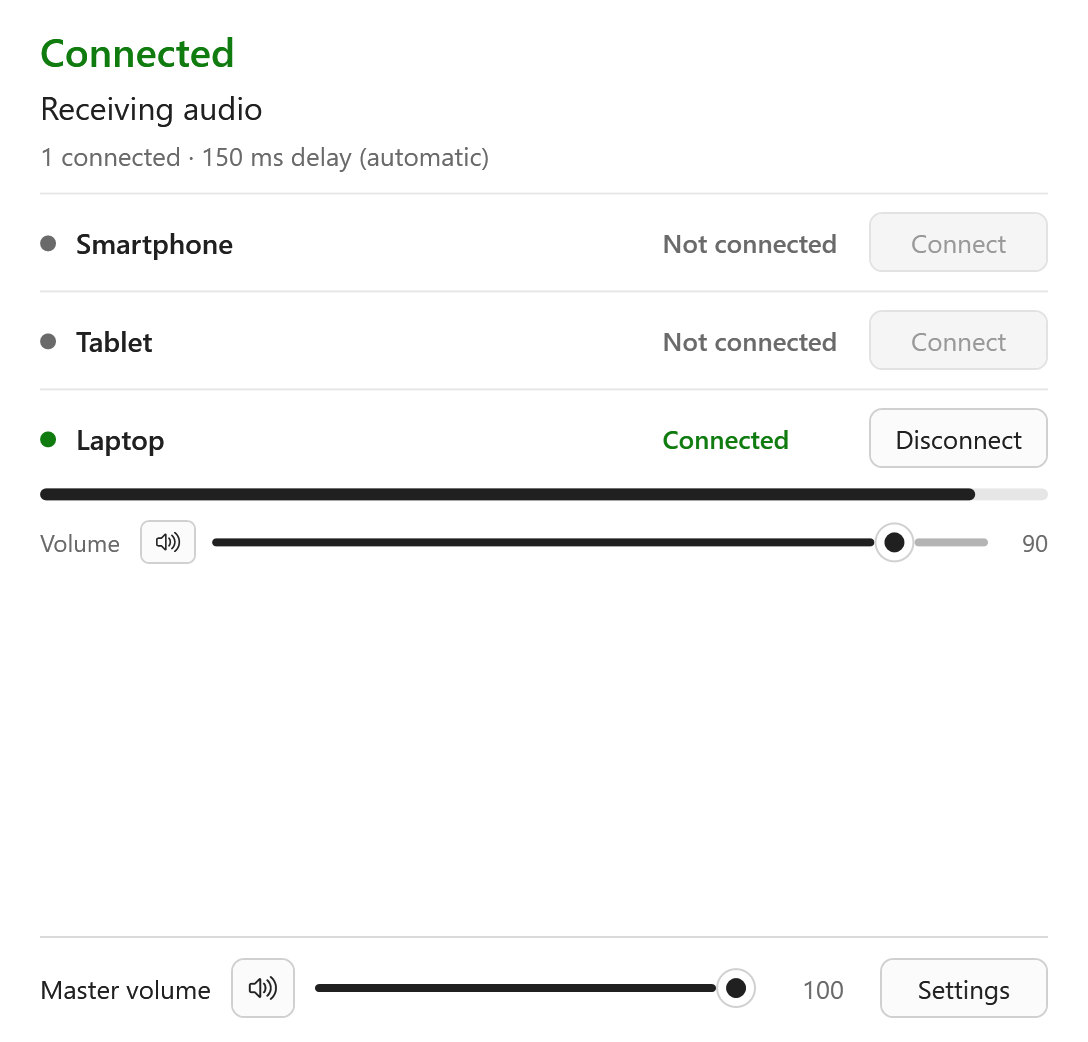 Main window receiving audio from a laptop, with the Connect buttons for other devices unavailable