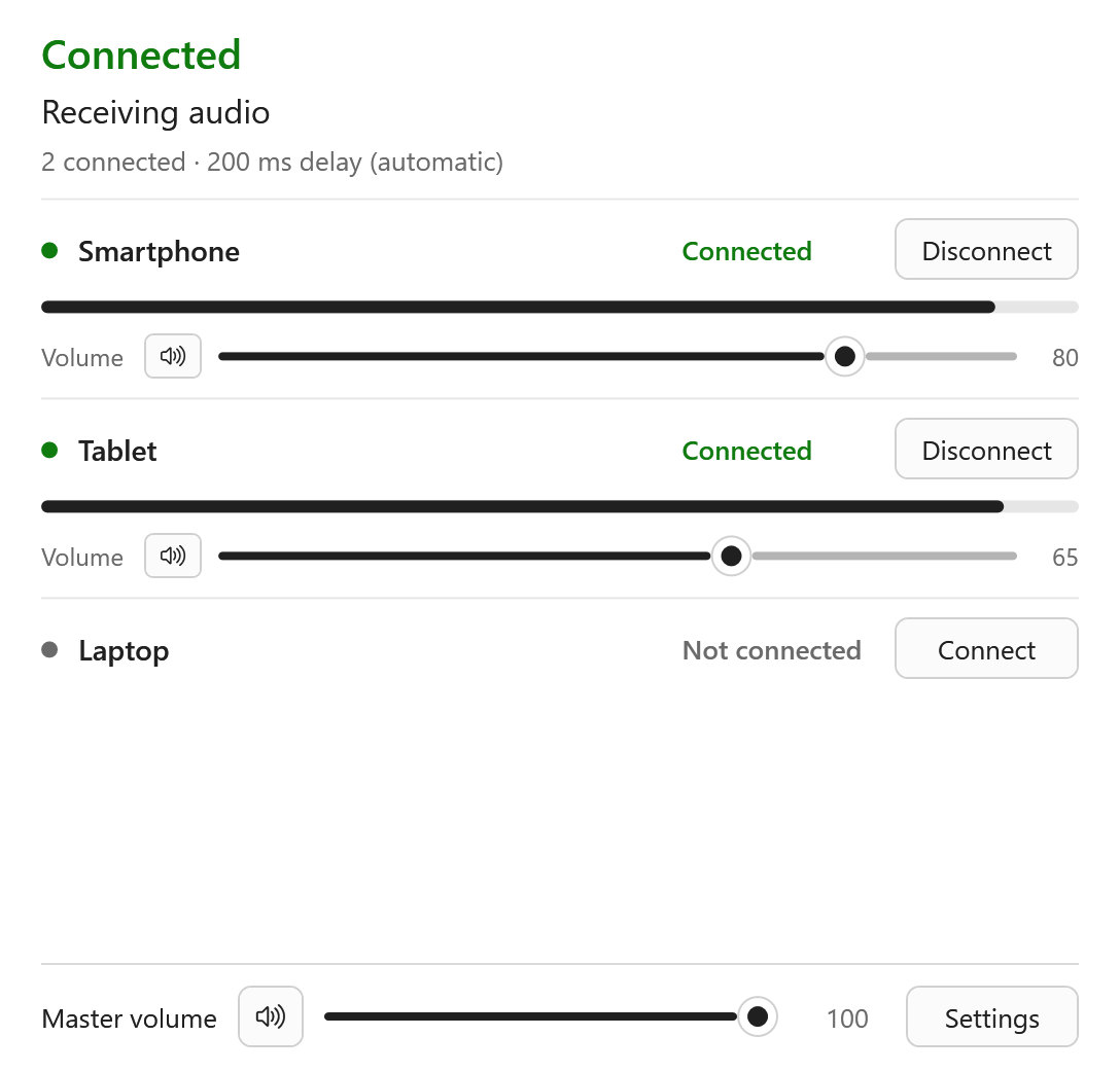 Main window with a smartphone and a tablet connected, each with its own volume slider