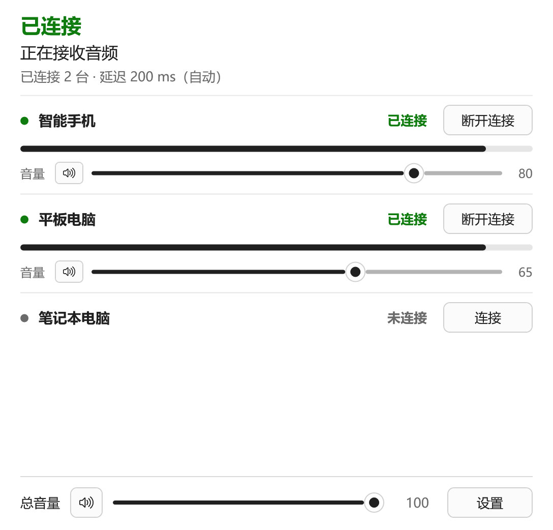 主界面:智能手机和平板电脑两台设备已连接,每台设备都有音量滑块
