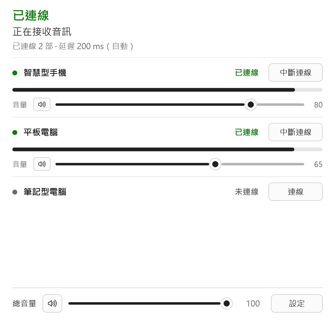 主畫面:智慧型手機和平板電腦兩台裝置已連線,每台裝置都有音量滑桿