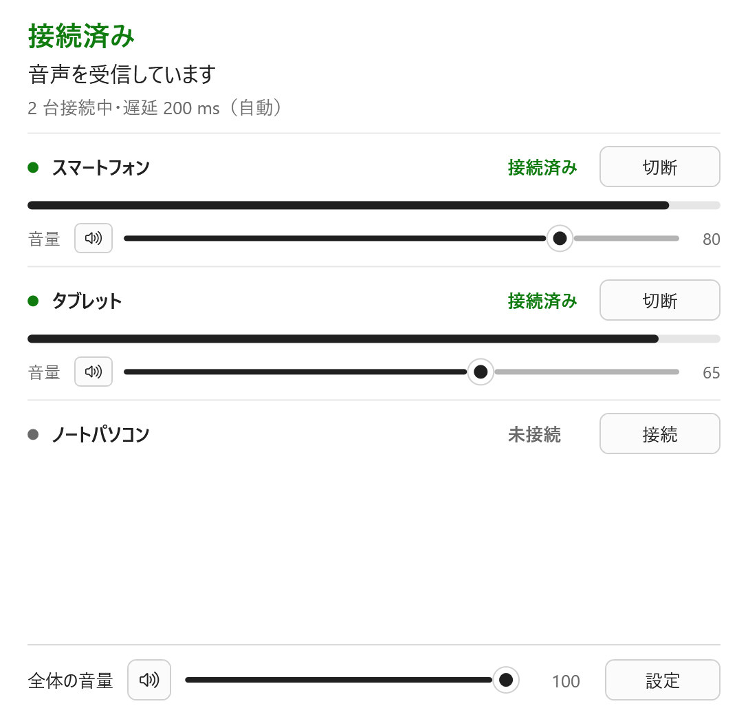 メイン画面。スマートフォンとタブレットの2台が接続済みで、機器ごとに音量のスライダーがある