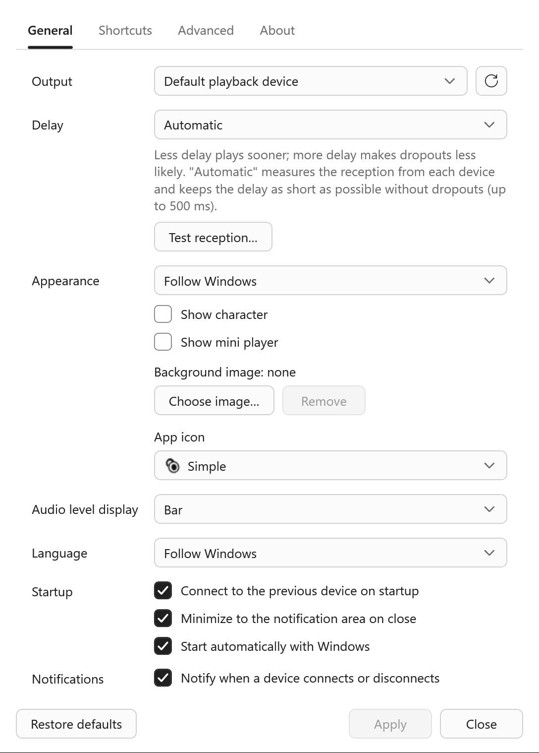 General settings with output device, delay, appearance, app icon, level display, language, startup and notification options