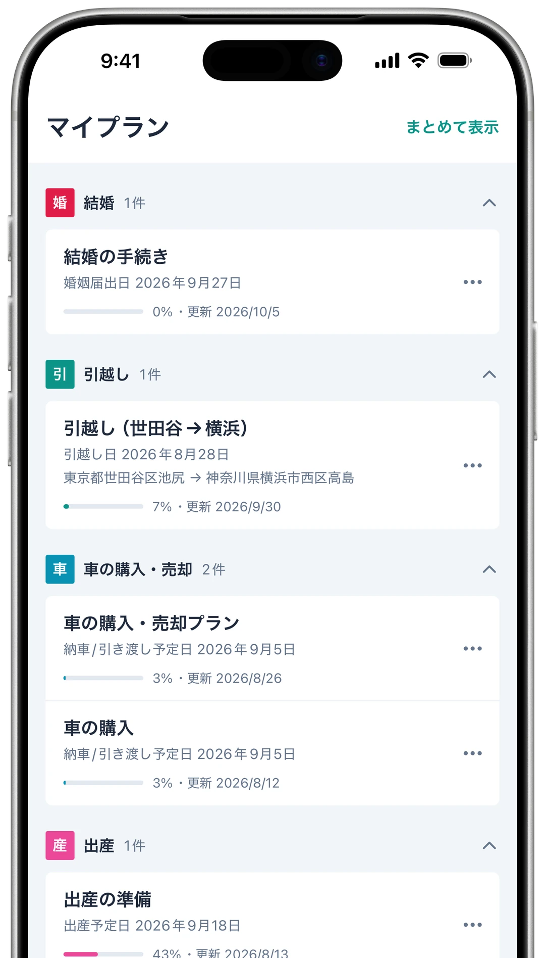 マイプラン画面。保存したプランがライフイベントごとに表示されている